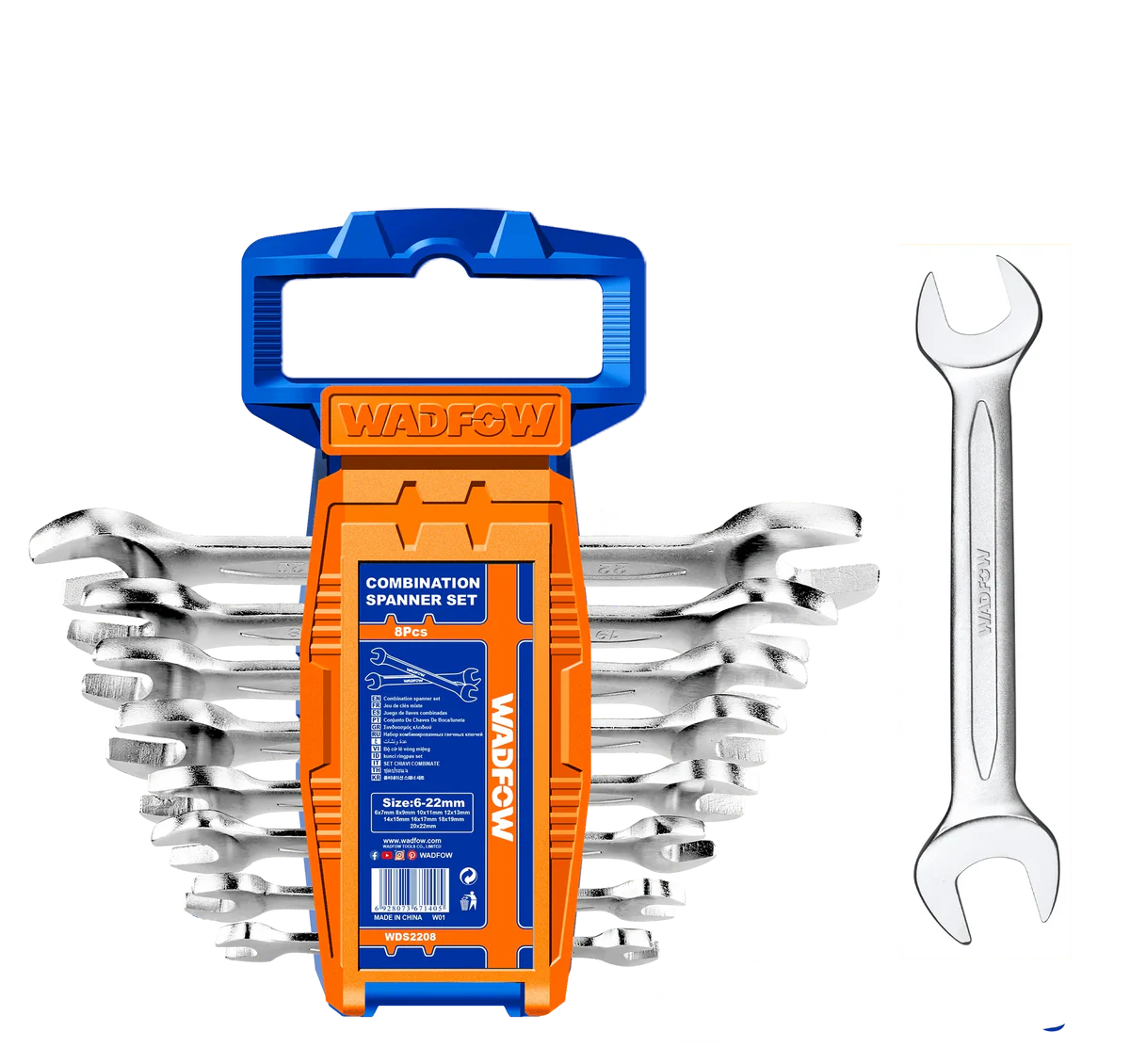 WADFOW 8-Piece Chrome Vanadium Double Open End Spanner Set 6-22mm Metric Wrench Kit WDS2208 Wadfow